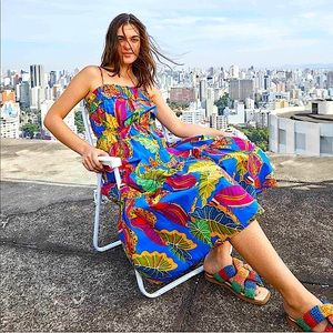 FARM RIO “Blue beaks and bananas” tiered dress